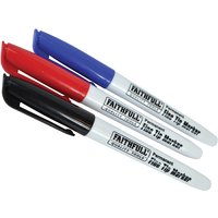 Faithfull Fibre Tip Marker Pen pack of three with red, blue, and black caps, white barrels, and clip-on lids.