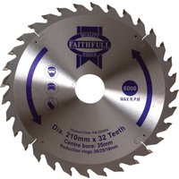 Silver Faithfull TCT circular saw blade with 32 teeth, 210mm diameter, and blue branding.