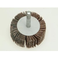Faithfull flap wheel 50x20mm medium with brown abrasive flaps and a central metal spindle.