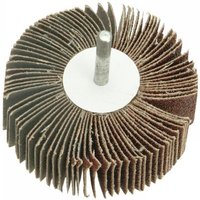 Faithfull flap wheel with fine abrasive flaps, 80mm diameter, 30mm width, mounted on a metal spindle.