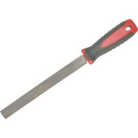 Flat wood rasp with a black and red ergonomic handle, featuring a coarse metal rasping surface.