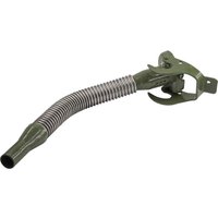 Flexible green Faithfull jerry can spout with ribbed metal section and attachment clip.