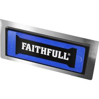 Stainless steel plastering trowel blade with blue foam backing and Faithfull logo in black and white.