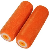 Orange Faithfull Flock Foam Mini Paint Roller Refill with smooth texture and yellow plastic core, set of two.
