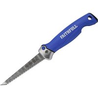 Blue-handled Faithfull folding jab saw with a serrated metal blade and locking mechanism.
