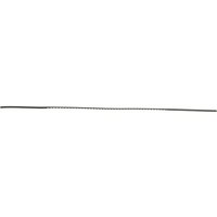 Thin, black Faithfull fretsaw blade with fine teeth, designed for precise cutting in woodworking and craft projects.