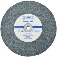 Gray Faithfull grinding wheel, 200x25mm, coarse aluminum oxide, with central label detailing specifications.