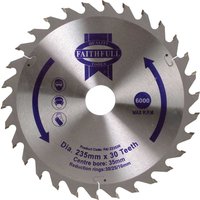 Silver Faithfull TCT circular saw blade with 30 sharp teeth and blue logo detailing.