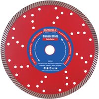 Red Faithfull Turbo Cut diamond blade, 230 x 22mm, with blue center label and perforated edge design.