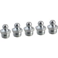 Set of five silver Faithfull Grease Nipple Straight Metric fittings with hexagonal bases and rounded tops.