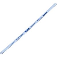 Blue and white Faithfull hacksaw blade with printed text and fine teeth along one edge.