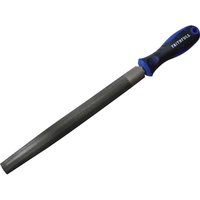 Faithfull Half Round File with black and blue ergonomic handle, featuring a tapered, rounded steel filing surface.