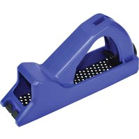 Blue Faithfull hand rasp block plane with ergonomic handle and perforated metal rasp surface.