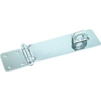 Silver Faithfull hasp and staple with hinged plate and looped staple for padlock security.