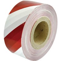 Red and white striped Faithfull Heavy Duty Barrier Tape roll with cardboard core.