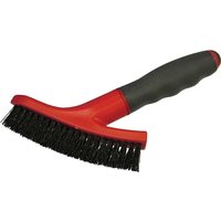 Red and black Faithfull heavy duty grout scrubbing brush with stiff bristles and ergonomic handle.