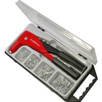 Red Faithfull heavy-duty riveter with black handles in a clear case, includes assorted silver rivets in compartments.