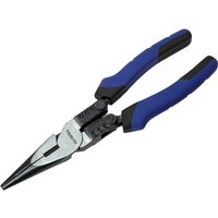 Faithfull high leverage long nose pliers with blue and black rubber grips and polished metal jaws.