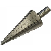 Metallic Faithfull HSS step drill bit, conical shape, engraved size markings from 6mm to 30mm, ribbed design.