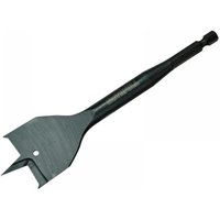 Faithfull flat bit 35x152mm, black steel with hex shank and sharp spade tip for impact drilling.