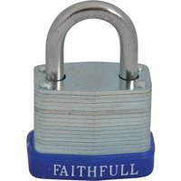 Faithfull laminated steel padlock with silver body, blue base, and "FAITHFULL" text on the bottom.
