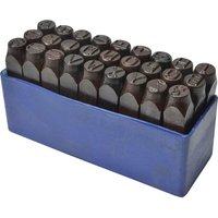 Blue box with 27 black steel letter punches, each with a different letter engraved on the tip.