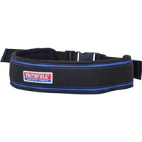Black Faithfull padded nylon tool belt with blue trim and adjustable buckle.
