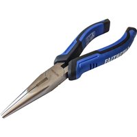 Faithfull long nose pliers with silver pointed jaws and blue-black ergonomic handles.