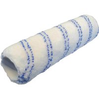 White Faithfull long pile microfibre paint roller sleeve with blue striped pattern.