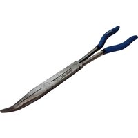 Faithfull long reach bent nose pliers with silver metal body and blue rubber grips.