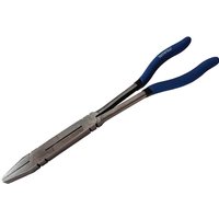 Faithfull long reach flat nose pliers with silver metal jaws and blue rubber grips.