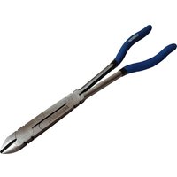 Long reach side cutting pliers with silver metal jaws and blue rubber grips by Faithfull.