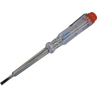 Transparent Faithfull mains tester screwdriver with a red cap and metal tip.