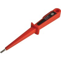Red Faithfull Mainstester screwdriver with long insulated handle and flathead tip.