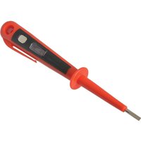 Red Faithfull Mainstester screwdriver with black grip, clear voltage indicator, and flathead tip.