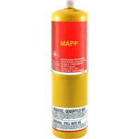 Yellow Faithfull Mapp gas cylinder with red label and white cap.