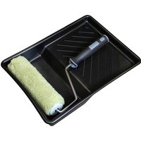 Black Faithfull Masonry Cage Paint Roller Kit with green roller and ergonomic handle in a black tray.