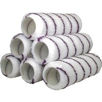 White Faithfull medium pile paint roller sleeves with purple stripes, stacked in a pyramid formation.