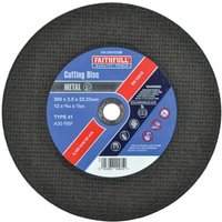 Faithfull metal cut-off disc, 300x3.5x22.23mm, black with blue label, red accents, and white text detailing specifications.