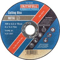 Faithfull Metal Cut Off Disc, circular with blue and red segments, labeled for cutting metal, 100x3.2x16mm size.