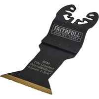 Black Faithfull titanium oscillating saw blade with curved cutouts and gold edge, labeled for wood and metal cutting.