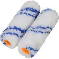 Faithfull Microfibre Mini Roller Refill, white with blue stripes, orange ends, fluffy texture, set of two.
