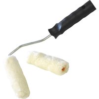 Black-handled Faithfull mini paint roller kit with two white foam roller covers.