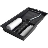 Black tray with a mini paint roller set, including a foam roller, a fabric roller, and a black handle.