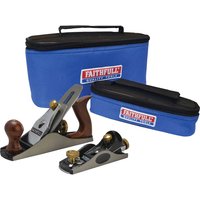 Faithfull No.4 and No.60.1/2 planes with wooden handles, blue storage cases with Faithfull logo.
