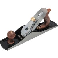 Faithfull No.5 Bench Plane with wooden handles, metal body, and adjustable brass knob.