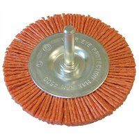 Red nylon wheel brush with flat bristles, 75mm diameter, 6mm metal shank, and silver center by Faithfull.