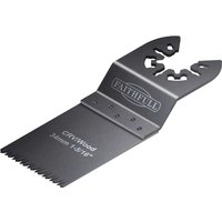 Faithfull OIS wood flush cut blade, black with serrated edge, labeled "CRV Wood 34mm 1-3/8" and Faithfull logo.
