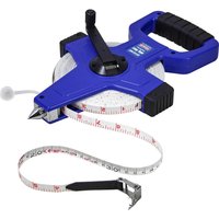 Blue Faithfull fibreglass tape measure with black handle, open reel design, and white tape marked in red and black.