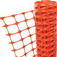 Orange plastic mesh barrier fencing roll with rectangular openings.